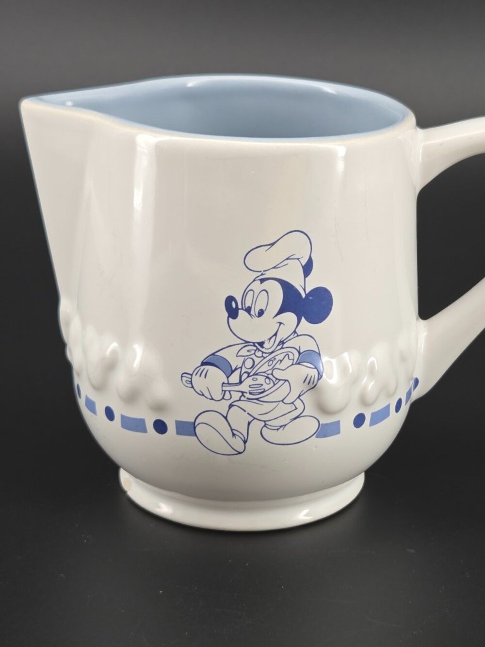 Vintage Gourmet Mickey Mouse Ceramic Creamer Pitcher Chef Mickey Blue White